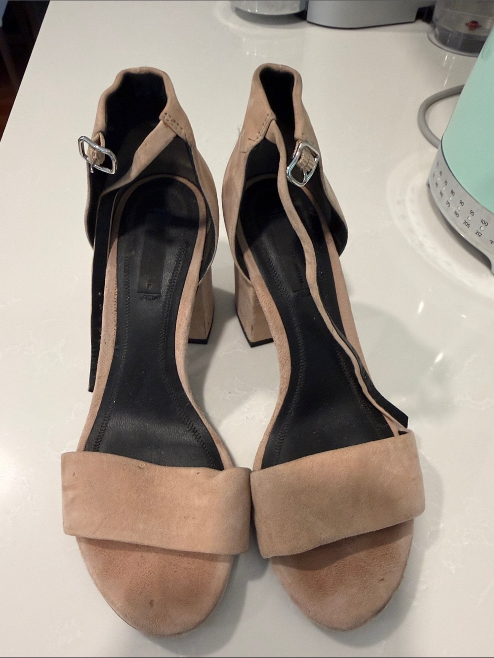 Alexander Wang Beige Suede Block Heel Sandals with Ankle Strap